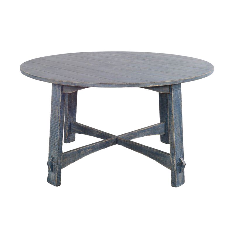 Rena Dining Table, 54 Inch Round Planked Ocean Blue Mahogany Wood