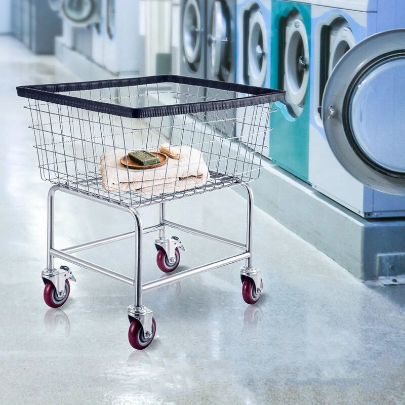 Commercial Wire Laundry Basket Cart with Casters, 2.8 Bushel Steel Frame-Silver image number 1