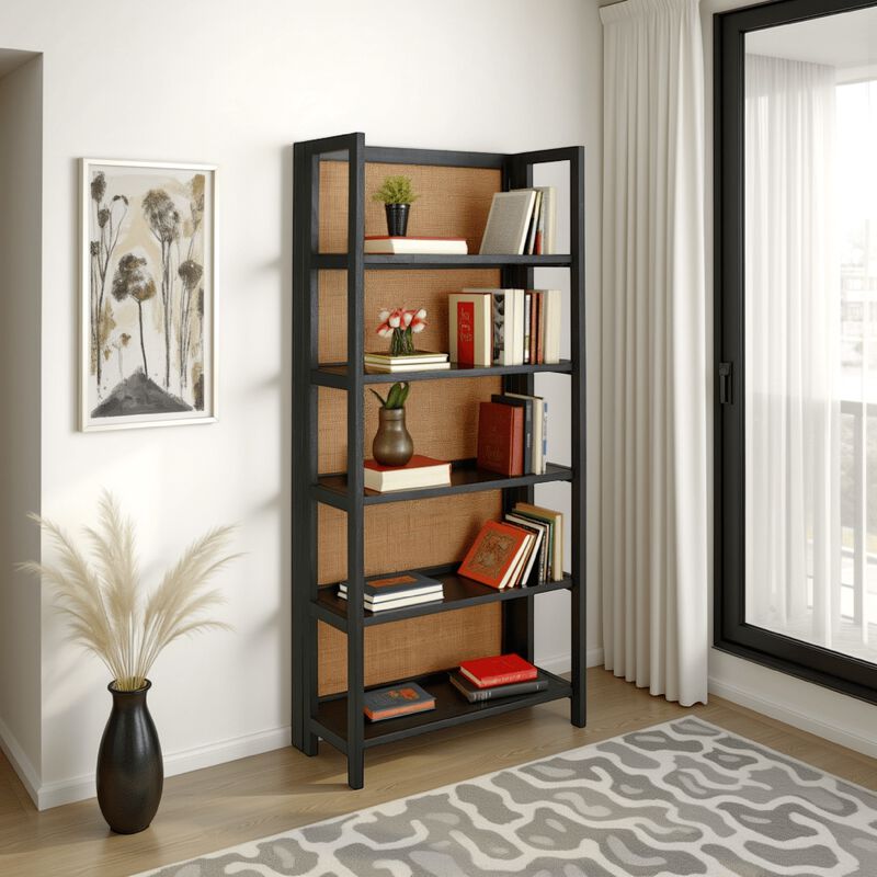 Bookcase, 70 Inch, 5 Wood Storage Shelves, Black and Brown Solid Wood - Benzara