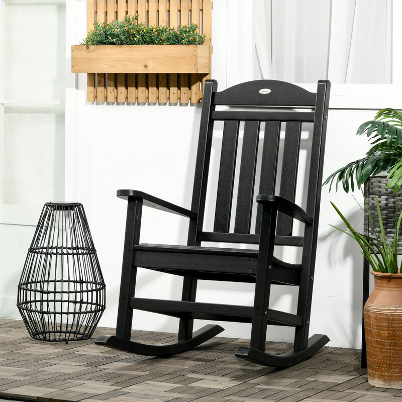 Outdoor Rocking Chairs, Traditional Porch Rocker, Fade-Resistant HDPE Rocker Chair with Slatted Design for Outdoor & Indoor Use, Black