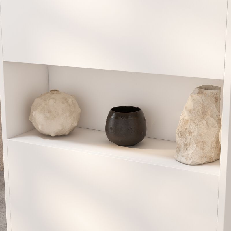 FUFU&GAGA Wooden Reception Desk with Storage Shelves Two Socket Slots 3-Color LED Light and USB Port 23.2 in. W x 15.27 in. D x 41.1 in. H White