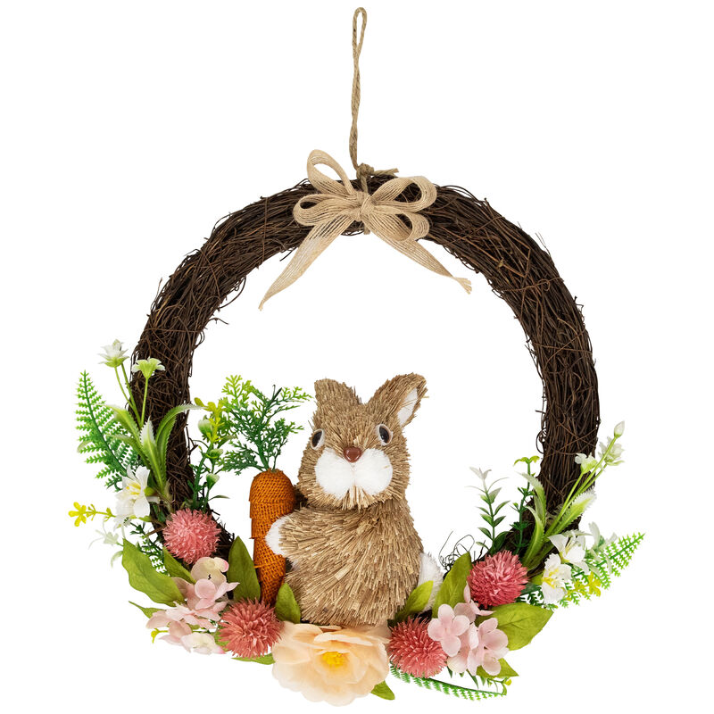 Floral Grapevine Spring Easter Wreath with Rabbit - 12"
