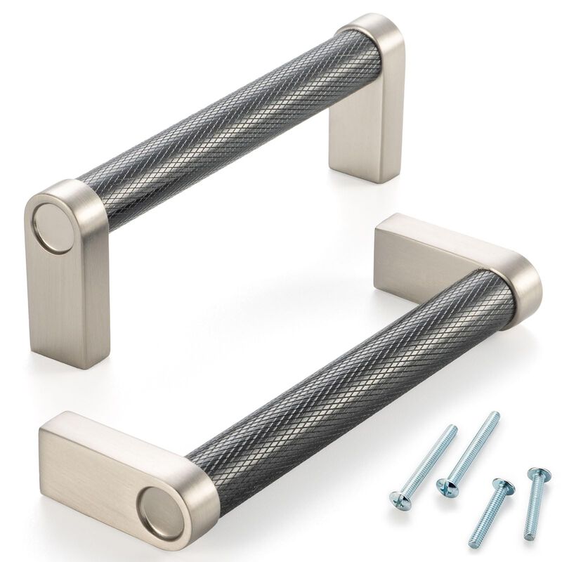 ASKANO 3-3/4 Inch Hole Centers, Black & Nickel Knurled Bar Kitchen Cabinet Pull Handle AP1311 | Pack of 10, Solid Hardware for D