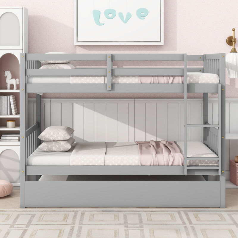 Whisen Twin Over Twin Rubber Wood Bunk Bed with Trundle, Convertible into Twin Size Beds, Twin Size Bunk Bed with Ladder and Safety Guardrails - White