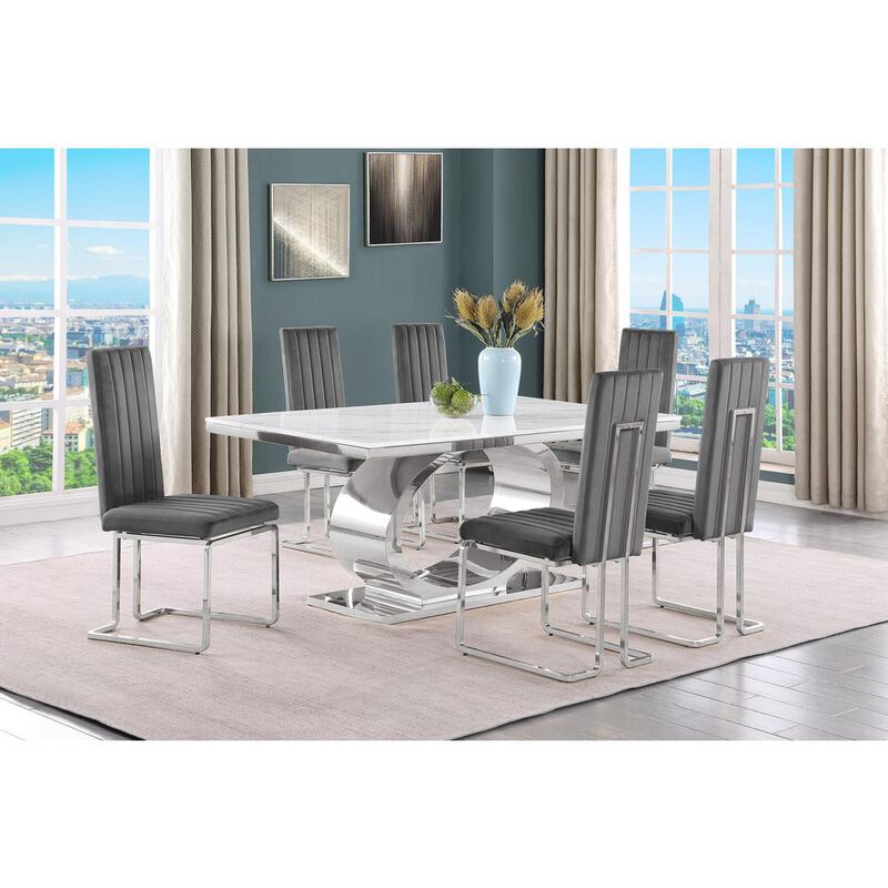 7pc Small(68") marble top dining set with silver base and 6 Dark grey chairs