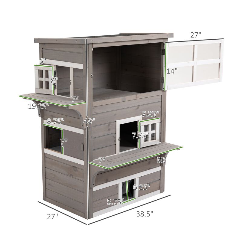 3-Tier Feral Cat House, Outdoor Kitten Condo Shelter with Raised Floor, Asphalt Roof, Escape Door, Jumping Platform, Grey