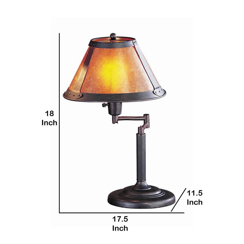 Metal Body Swing Arm Table Lamp with Conical Mica Shade, Bronze-Benzara