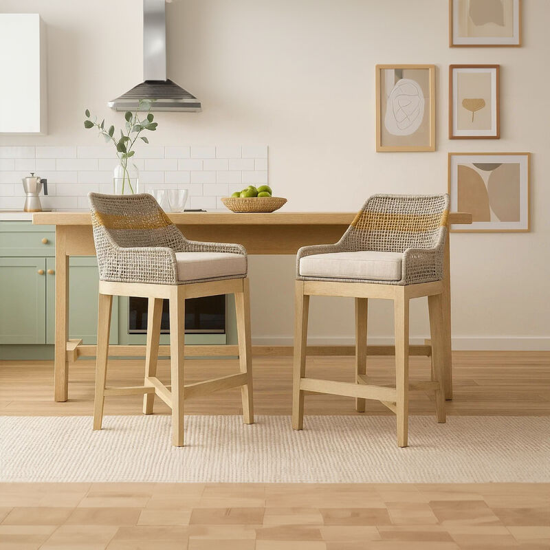 Avira 30 Inch Barstool Chair | Handcrafted Mango Wood | Cotton Rope Weaving | Beige Cushion