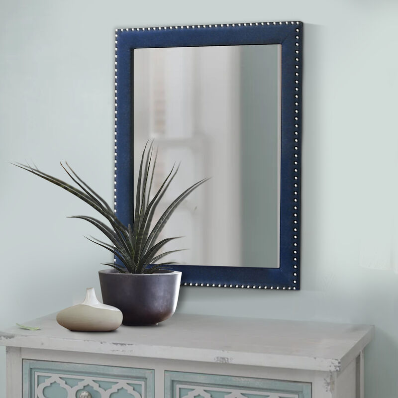 Cale 40 Inch Modern Glam Portrait Mirror, Nailhead, Blue Velvet Upholstered - Benzara