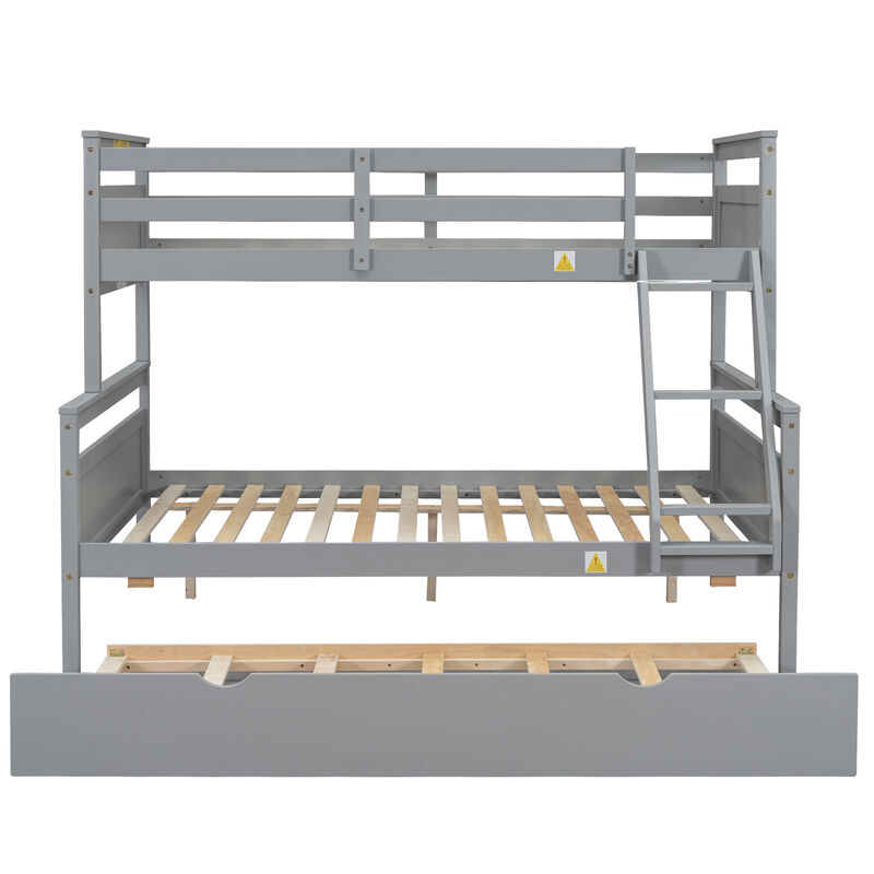 Whisen Twin over Full Bunk Bed with Ladder, Twin Size Trundle, Safety Guardrail - Gray