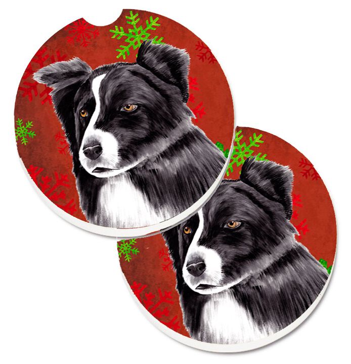 Caroline's Treasures Border Collie Red & green Snowflakes Holiday Christmas Set of 2 Cup Holder Car Coasters SC9407CARC, 2.56, Multicolor