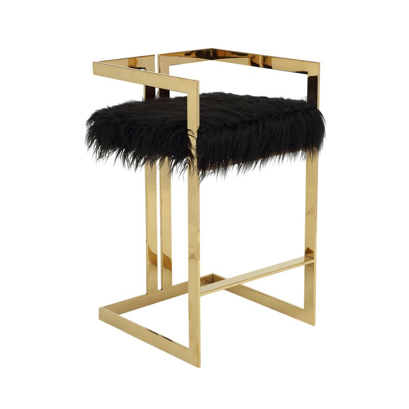Suki 30 Inch Barstool Chair, Black Faux Fur Seat, Gold Cantilever Base - Benzara