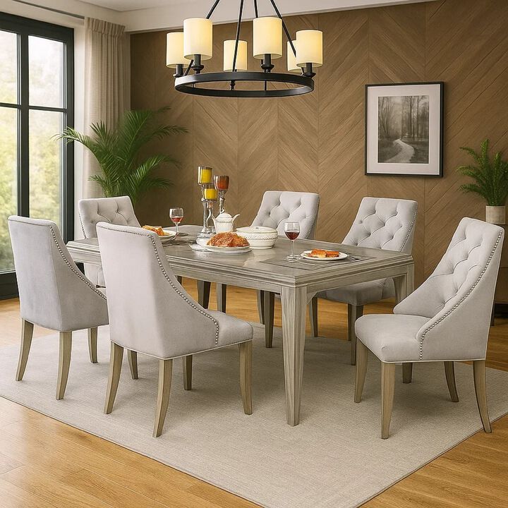 Jamie 7pc Dining Table Set, 6 Button Tufted Fabric Chairs, Silver-Gray