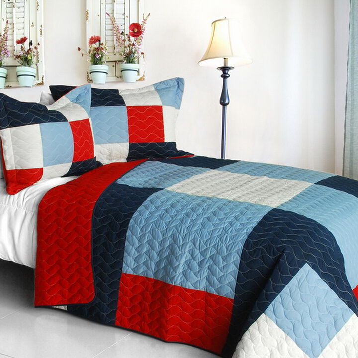 3 PieceVermicelli Quilted QueenSize Quilt Set with Soft Printed Patchwork Pattern-Blue