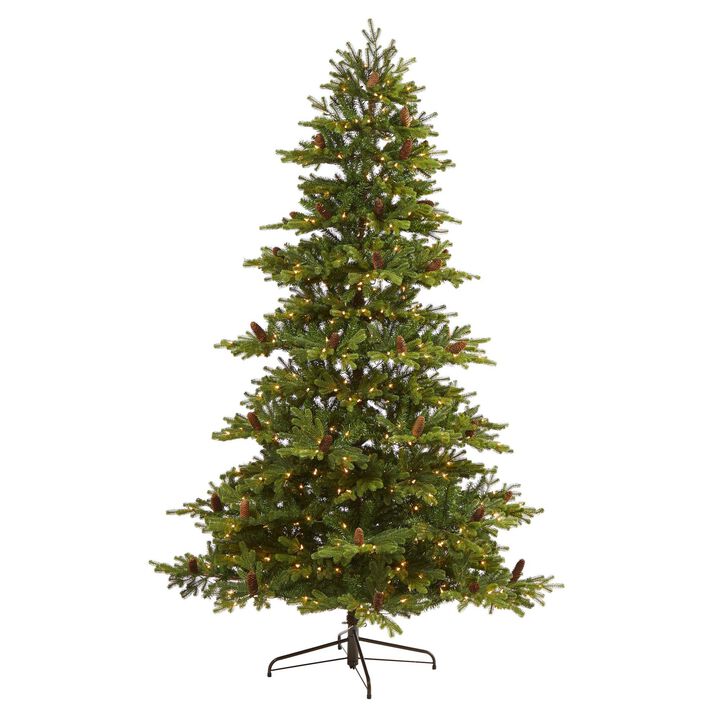 Nearly Natural 7.5-ft Yukon Mountain Fir Artificial Christmas Tree with 600 Clear Lights, Pine Cones and 1740 Bendable Branches
