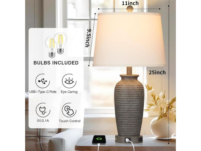 25" Farmhouse Jar Table Lamps Set of 2, 3 Way Touch Control Rustic Bedside Lamps with USB A+C Ports & AC Outlet, Pot Nightstand Lamps for Bedroom Living Room (LED Bulbs Included) image number 2