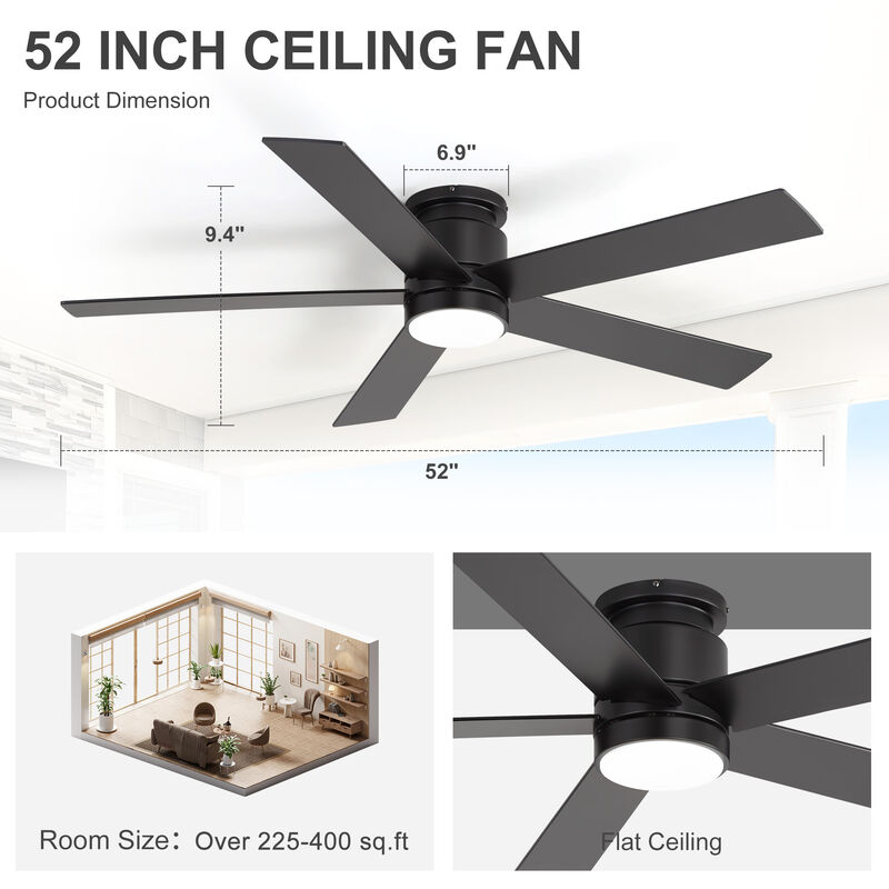 Breezary 52 Inch Low Profile LED Ceiling Fan with App Control, Remote, 5 Plywood Blades image number 5