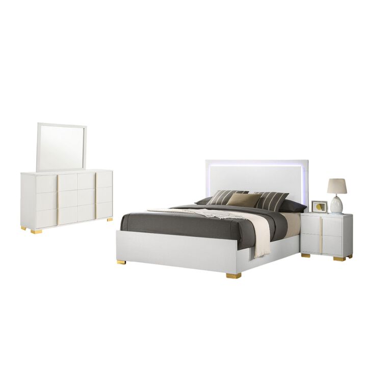 Dex 4 Piece Full Bedroom Set, White, Gold Accents, LED Headboard - Benzara
