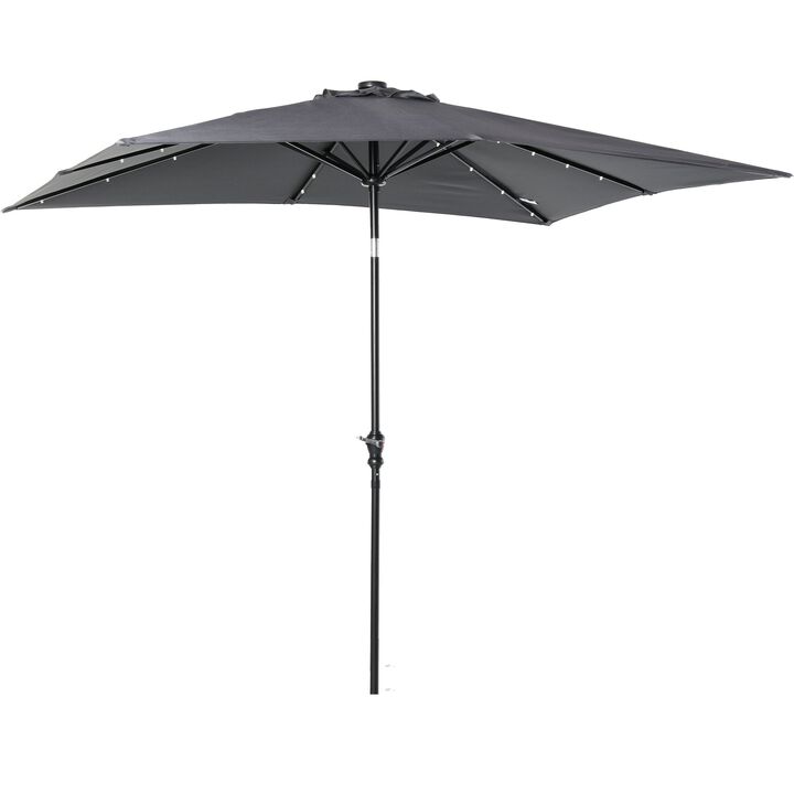 9' x 7' Patio Umbrella Outdoor Table Market Umbrella with Crank, Solar LED Lights, 45Â° Tilt, Push-Button Operation, for Deck, Dark Grey
