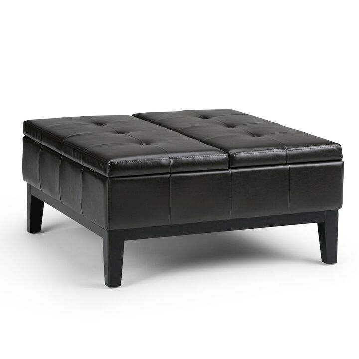 Simpli Home Dover Square Coffee Table Storage Ottoman In Tanners Brown Vegan Faux Leather