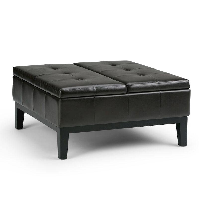 Simpli Home Dover Square Coffee Table Storage Ottoman In Tanners Brown Vegan Faux Leather