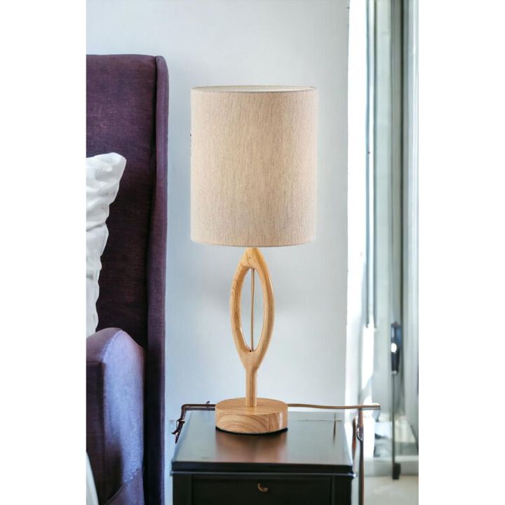 Hivvago 28" Natural Solid Wood Round Table Lamp With Beige Drum Shade