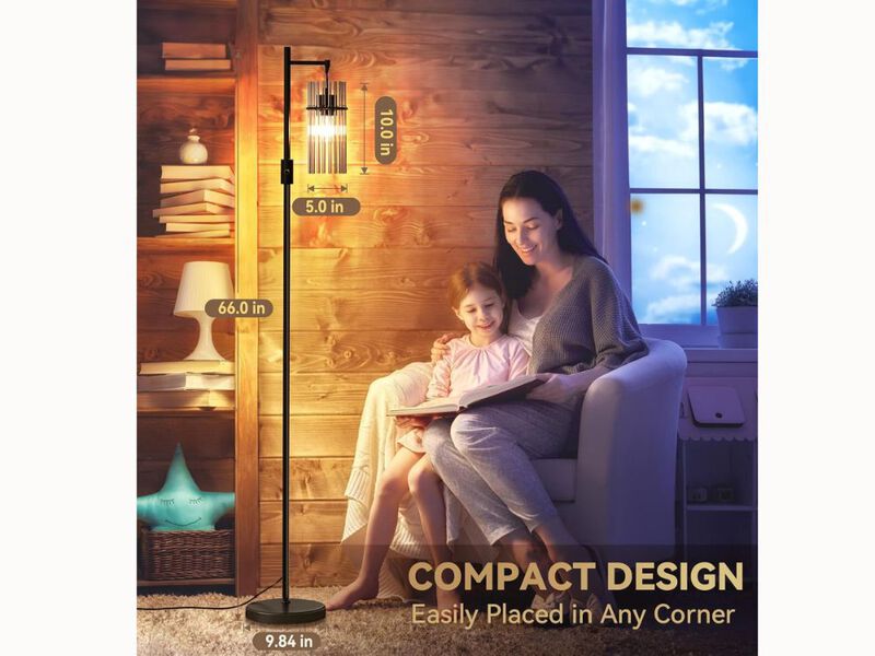 Industrial Floor Lamp – 66" Tall, Glass Shade, Dimmable LED, Rotary Switch