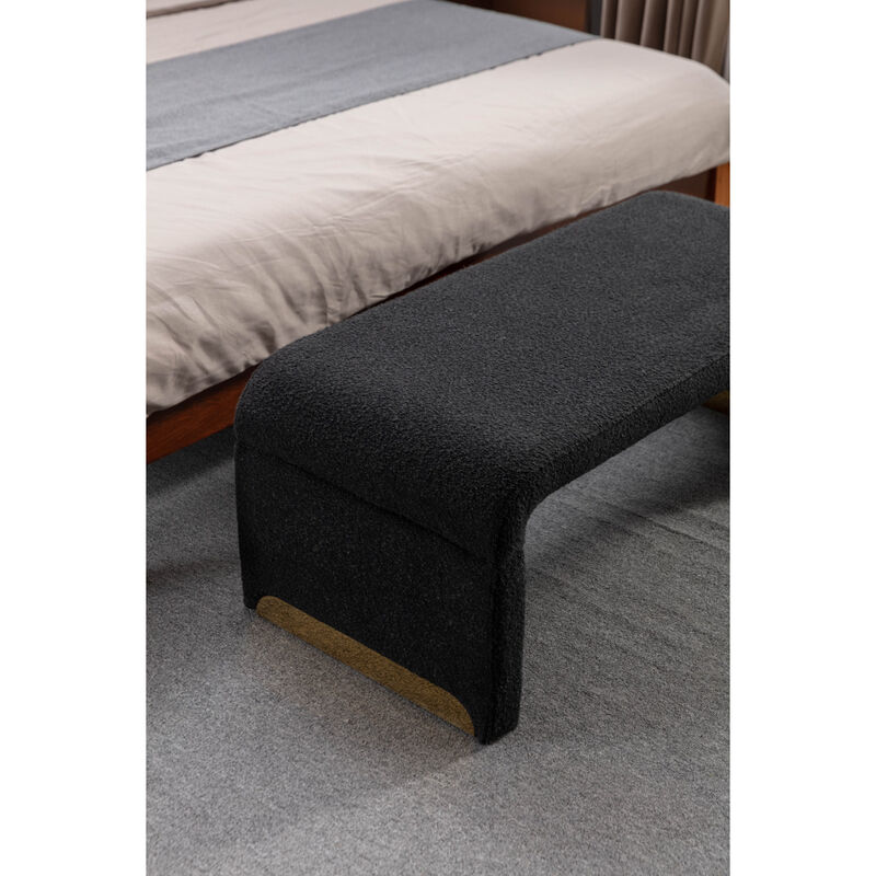 Boucle Fabric Loveseat Ottoman Footstool Bedroom Bench Shoe Bench With Gold Metal Legs, Black