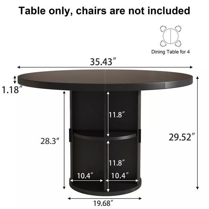 Vipbear 35.43" Round Dining Table for 4, Modern Wooden Kitchen Table with Built-in Storage Shelves