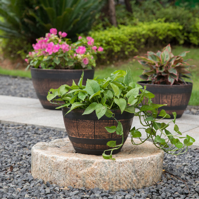 Brown Outdoor Rustic Half Barrel Flower Garden Planter Bowl, Plastic, Small