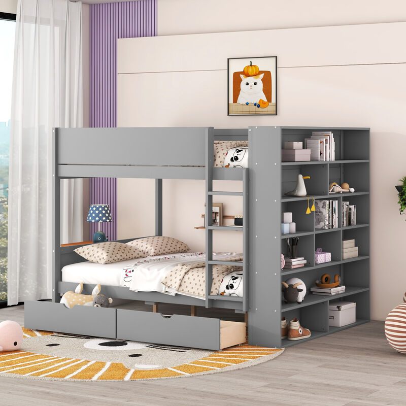 Full Over Full Bunk Bed With 2 Drawers And Multilayer Cabinet