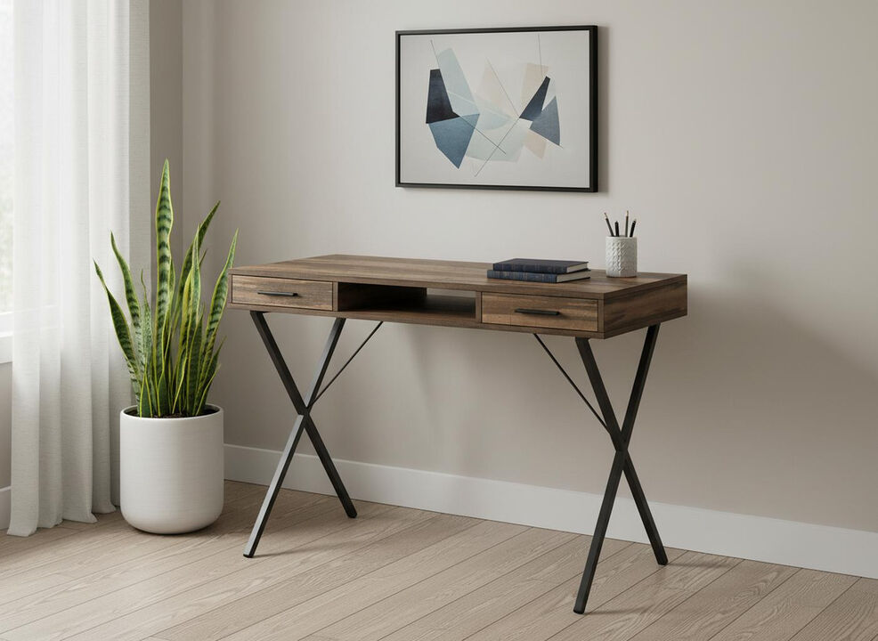 HomeRoots 42" Brown and Black Wood and Metal x-Shape Computer Desk With Two Drawers