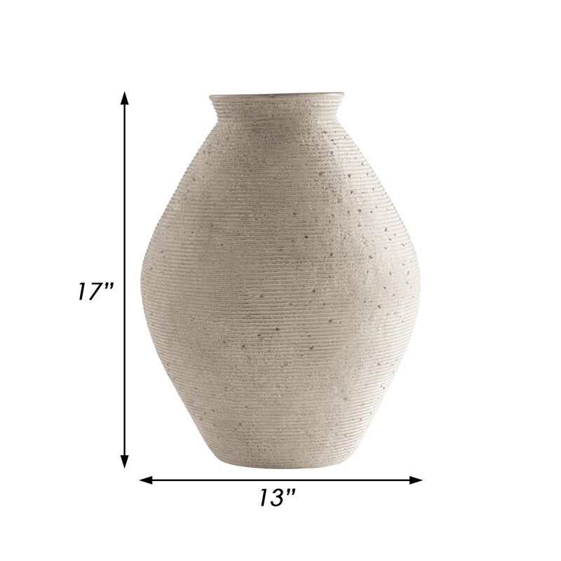 Dale 17 Inch Round Polyresin Vase, Tightly Ribbed Texture, Antique Beige - Benzara