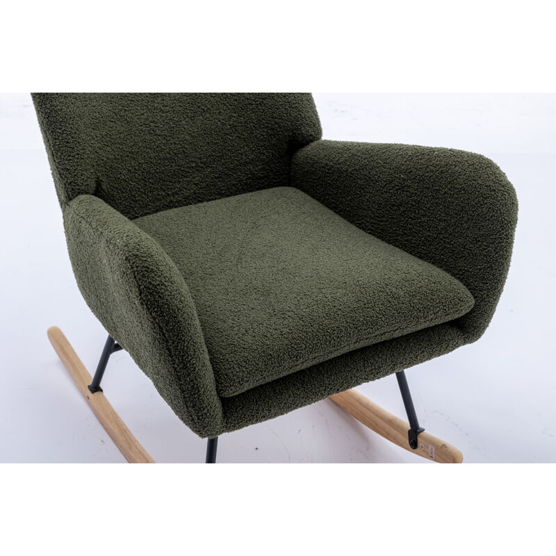 35.5 inch Rocking Chair, Soft Teddy Velvet Fabric Rocking Chair for Nursery, Comfy Wingback Glider Rocker with Safe Solid Wood Base for Living Room Bedroom Balcony (dark green)