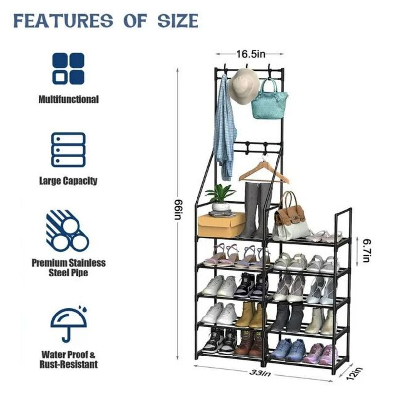 5-Tier Shoe Storage Organizer, Holds 25-30 Pairs, Freestanding Shoe Rack with Hooks