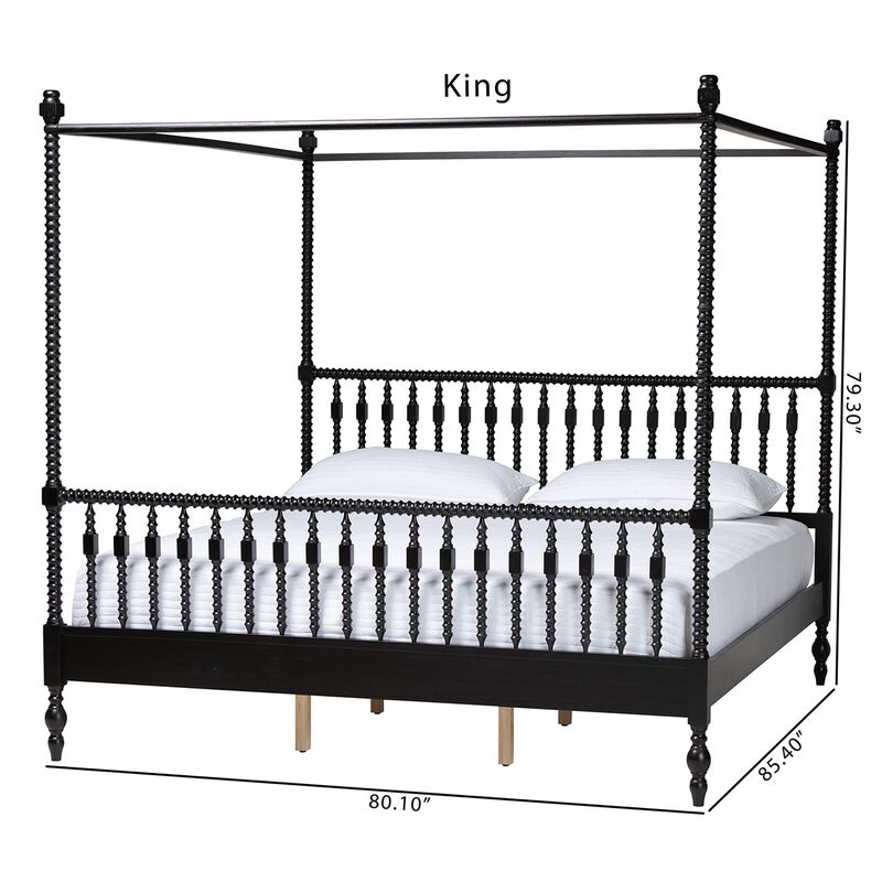 Baxton Studio Callison Spindle Canopy Bed - Turned Farmhouse Bed Frame with Spoked Headboard and Sculpted Legs, Black, King image number 8