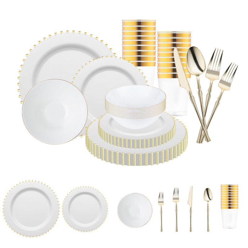 White with Gold Pearl String Round Plastic Tableware Set (60 Sets) image number 0