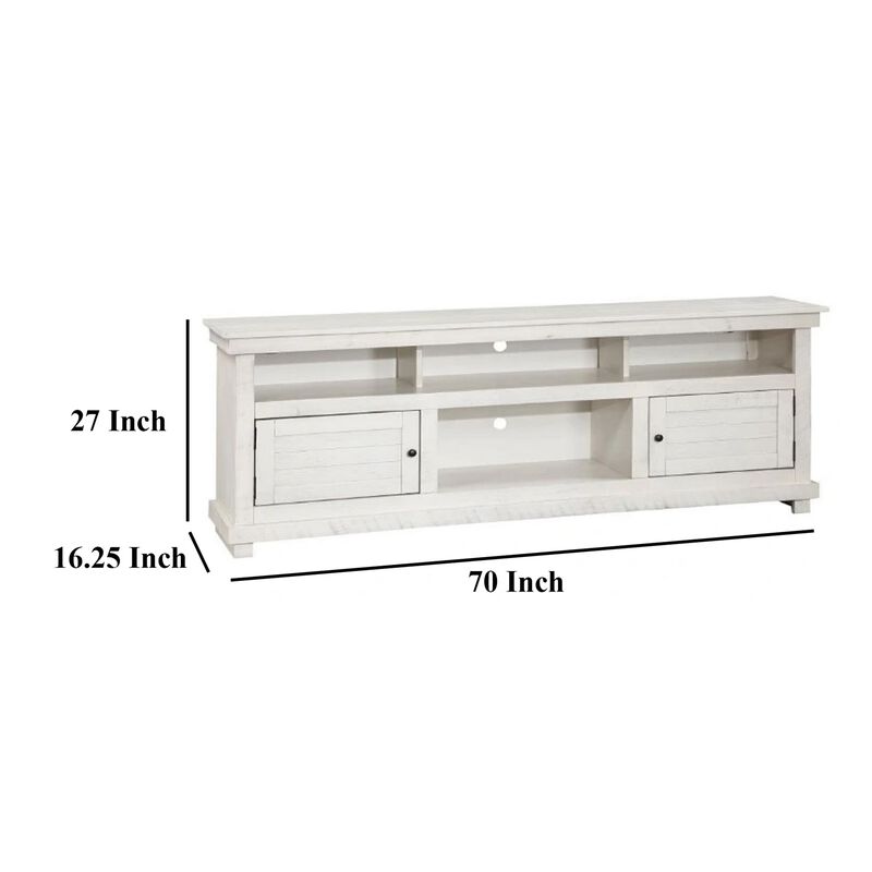 Ayne TV Stand Media Cabinet, 2 Doors and 4 Shelves, White Wood 70 Inch - Benzara