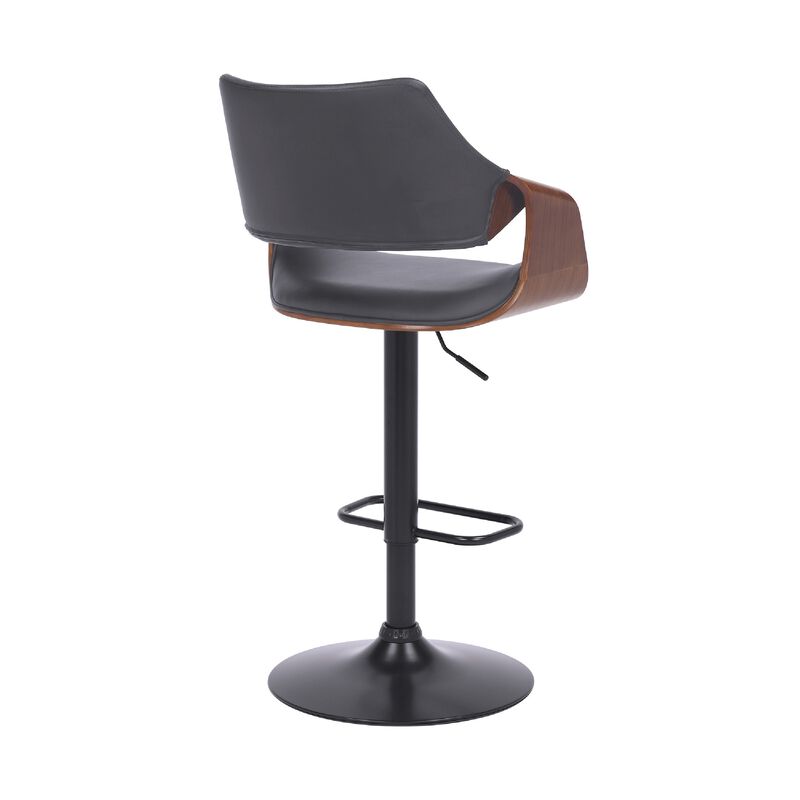 Adjustable Barstool with Faux Leather and Wooden Support, Black and Gray - Benzara