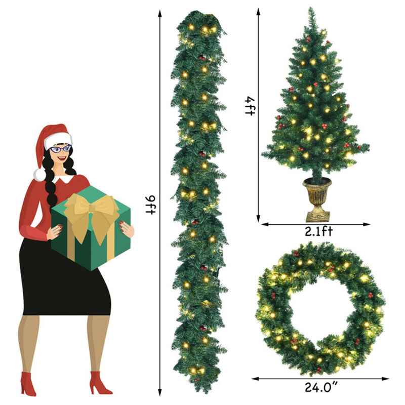 4-Piece Christmas Decoration Set with Pre-Lit Wreath, Garland, and Entrance Trees image number 3