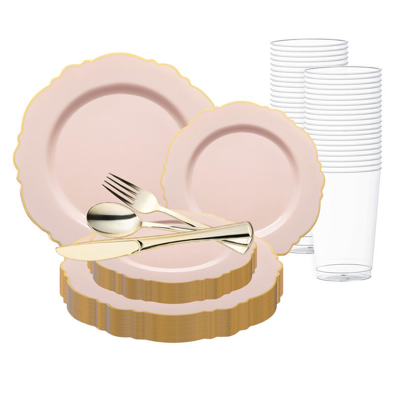 Pink with Gold Rim Round Blossom Plastic Wedding Value Set (30 Sets) image number 0