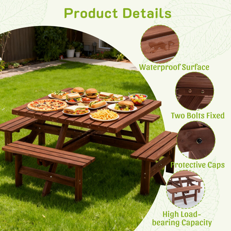 WOW PIONEER 8-Person Square Outdoor Picnic Table with Umbrella Hole Waterproof Sturdy Cross Structure Dining Set for Backyard Garden Camping Easy Clean image number 4