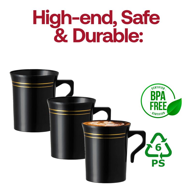 8 oz. Black with Gold Edge Rim Round Plastic Coffee Mugs (120 Mugs) image number 6