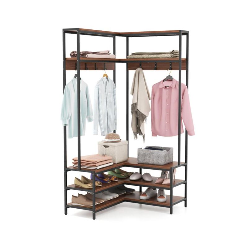 Hivvago Corner Garment Rack with Open Shelves and 7 Hooks Shoe Bench