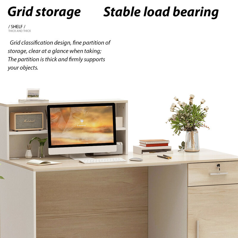 Rectangular White Wooden Computer Desk, Writing Desk with Drawer, 4 Shelves and A Container, 55.1 in.W-23.6 in.D