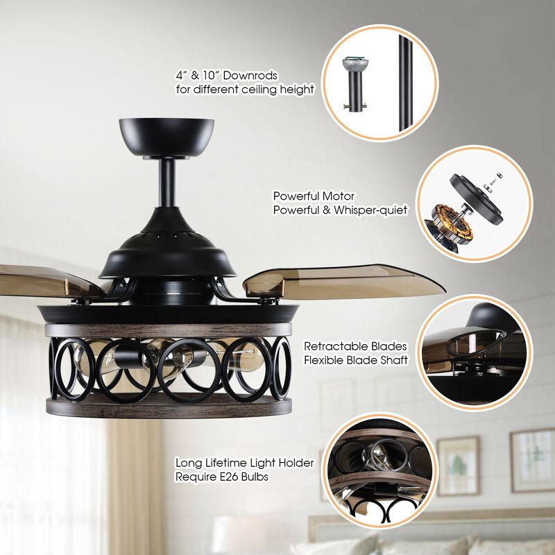 36" Metal Retractable 3-Blade Ceiling Fan Chandelier with Wall Switch