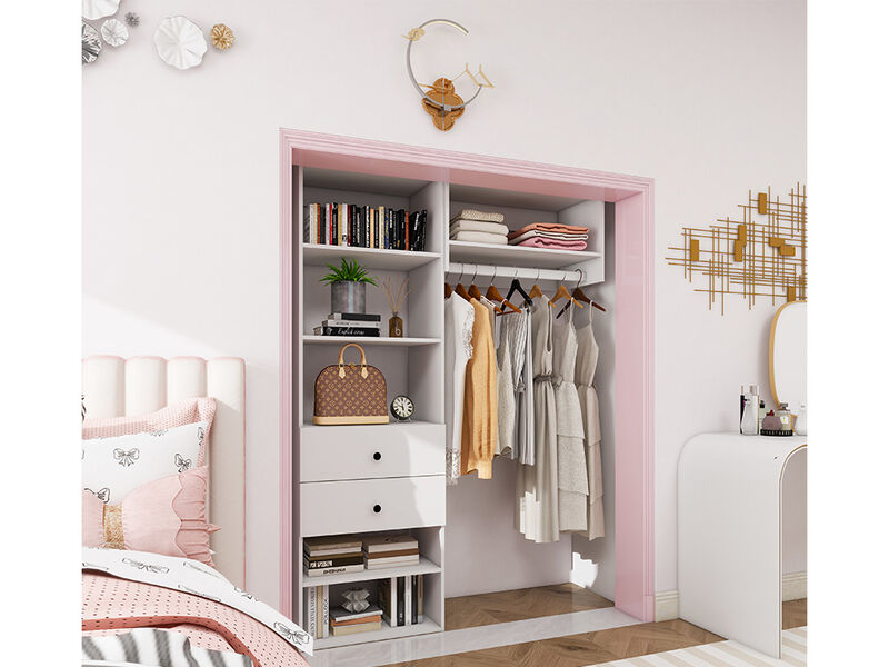 Wood Closet System with 2 Drawers Modular  Storage Cabinet, Hanging Rod and 6 Shelves Clothes Garment Rack Wall Mount or Built-in Organizer for Bedroom&nbsp;