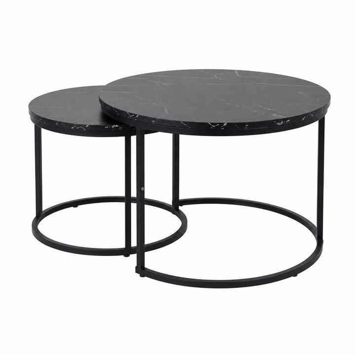 GOODSILO Round Nesting Coffee Table Set of 2, Space-Saving Stackable Side Tables with Marble Pattern Top and Sturdy Metal Frame for Living Room Bedroom Balcony