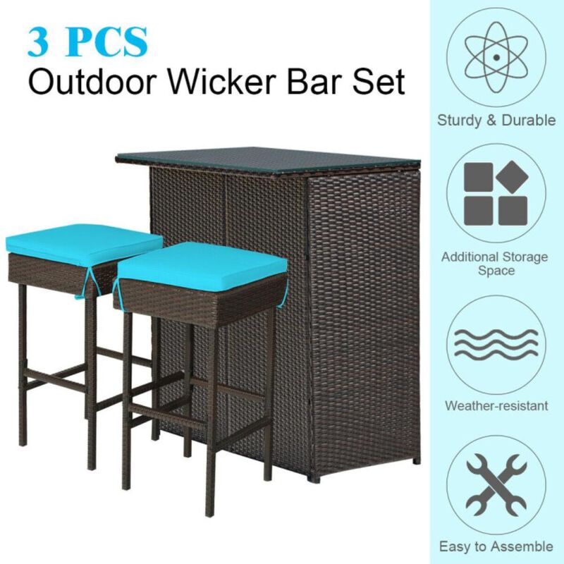 Hivvago 3 Pieces Outdoor Rattan Wicker Bar Set with 2 Cushions Stools