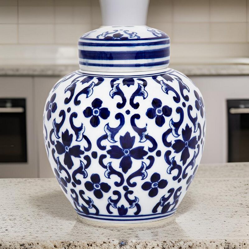 Traditional Style Urn Shape Ceramic Lidded Jar with Floral Pattern, White and Blue - Benzara